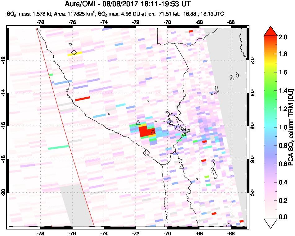 A sulfur dioxide image over Peru on Aug 08, 2017.