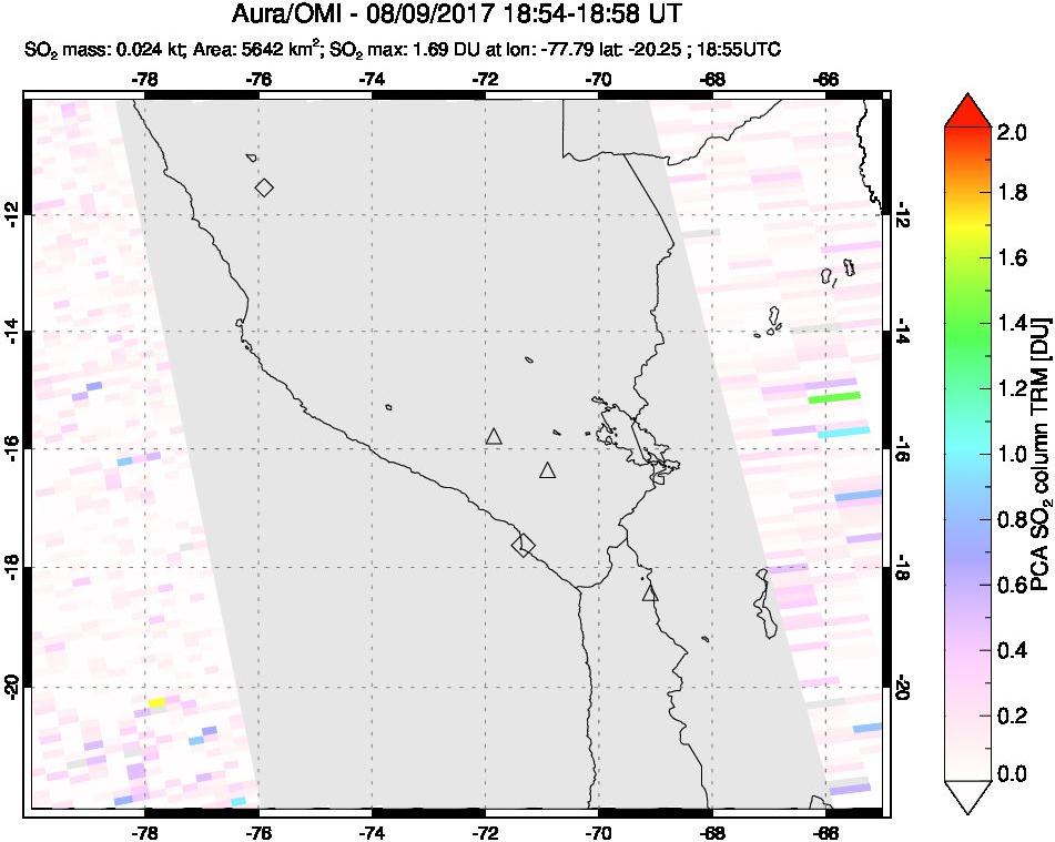 A sulfur dioxide image over Peru on Aug 09, 2017.
