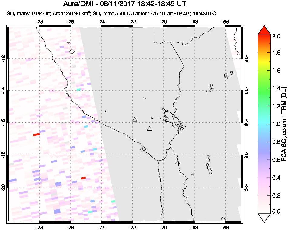 A sulfur dioxide image over Peru on Aug 11, 2017.