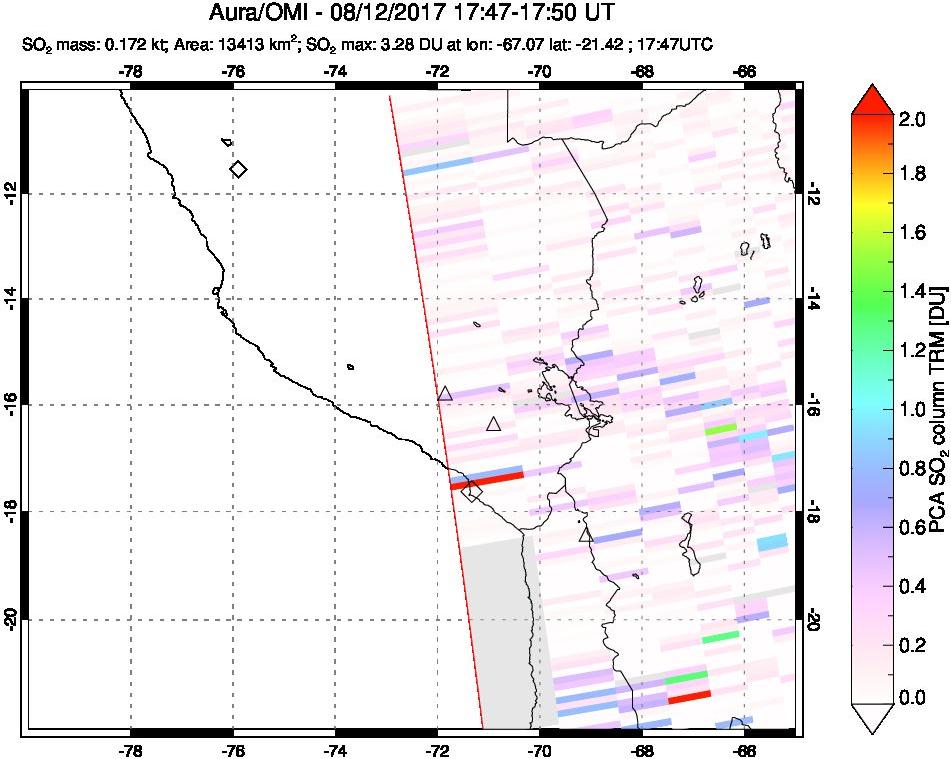 A sulfur dioxide image over Peru on Aug 12, 2017.