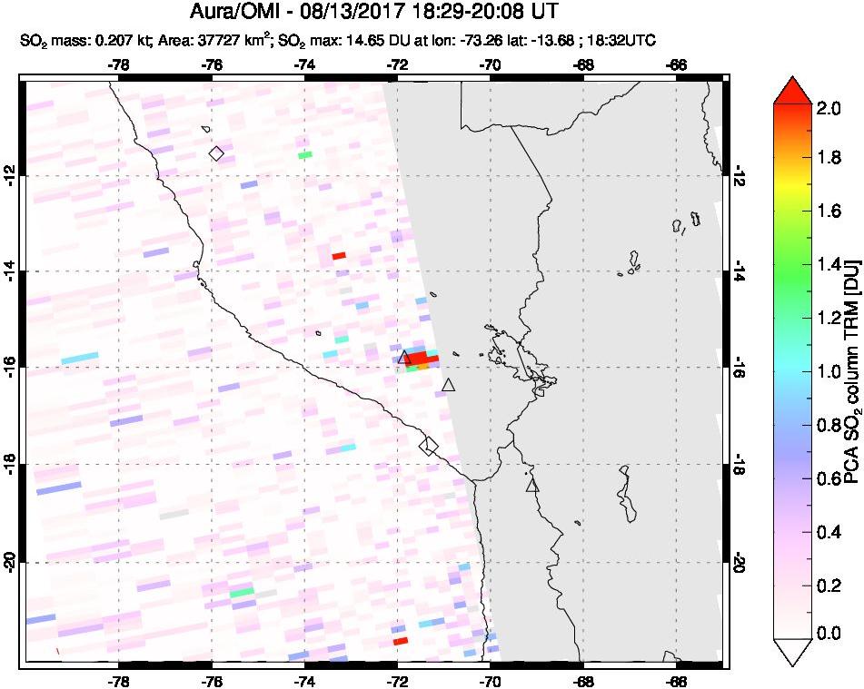 A sulfur dioxide image over Peru on Aug 13, 2017.