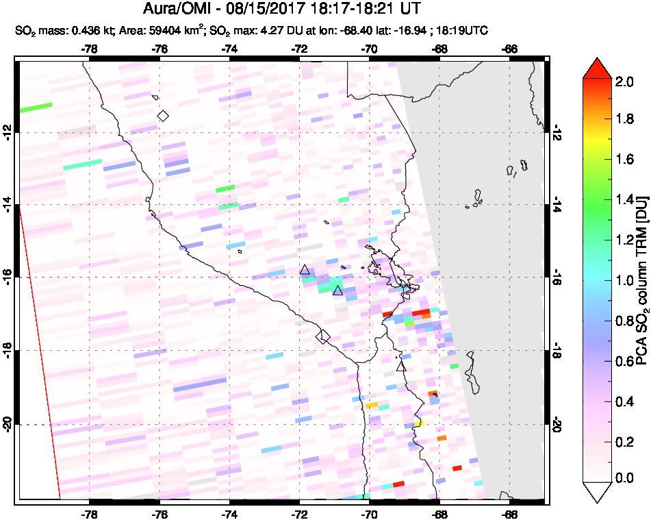 A sulfur dioxide image over Peru on Aug 15, 2017.