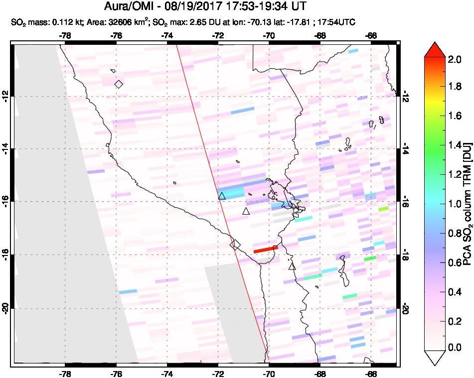 A sulfur dioxide image over Peru on Aug 19, 2017.