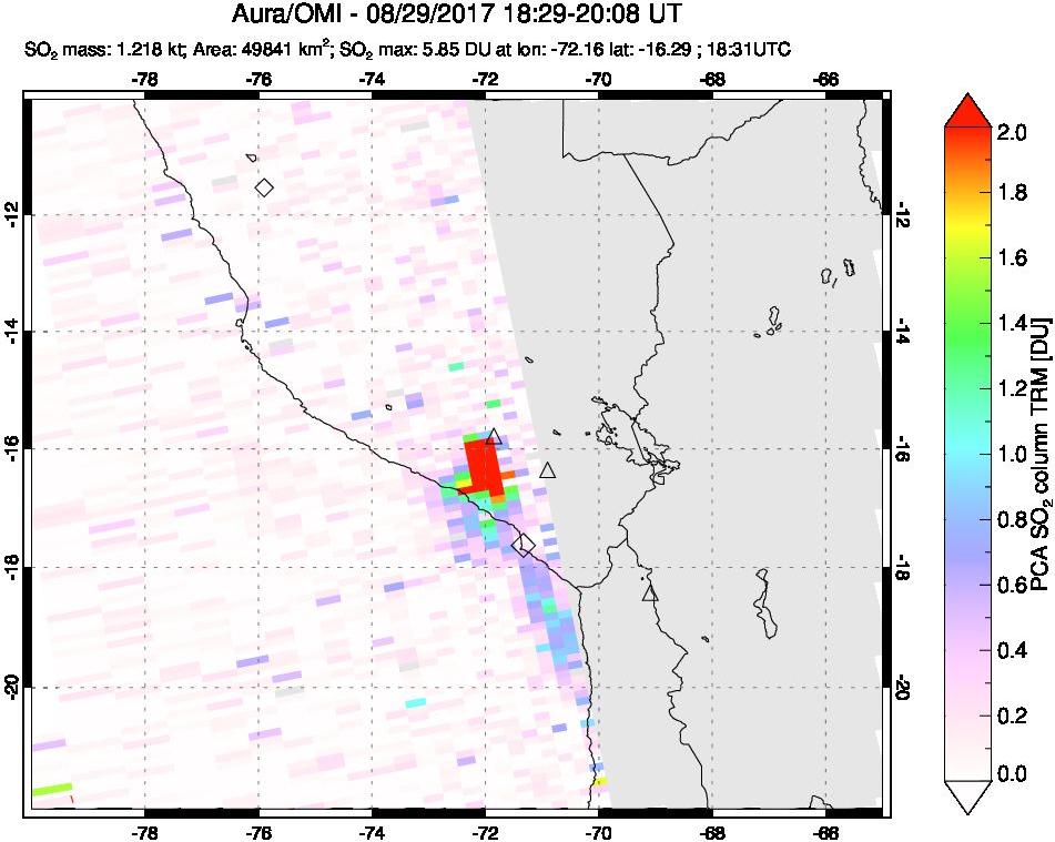 A sulfur dioxide image over Peru on Aug 29, 2017.