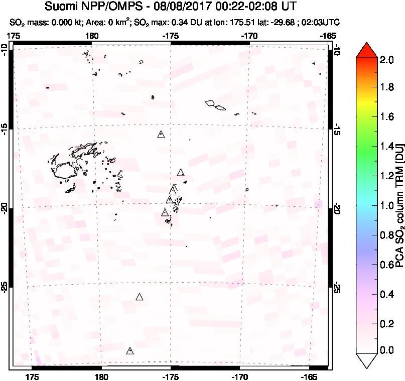 A sulfur dioxide image over Tonga, South Pacific on Aug 08, 2017.