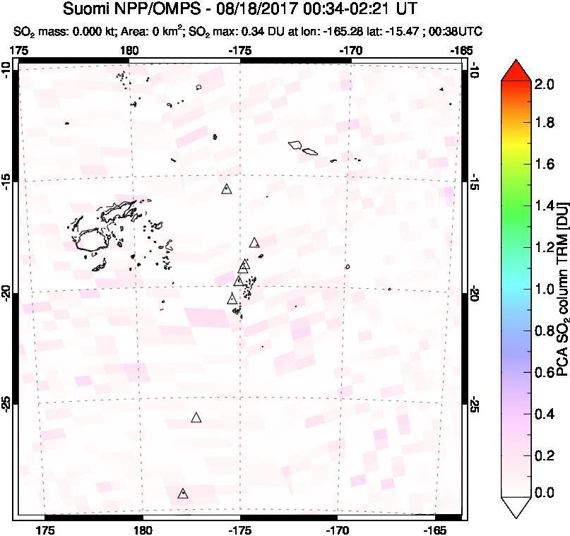 A sulfur dioxide image over Tonga, South Pacific on Aug 18, 2017.