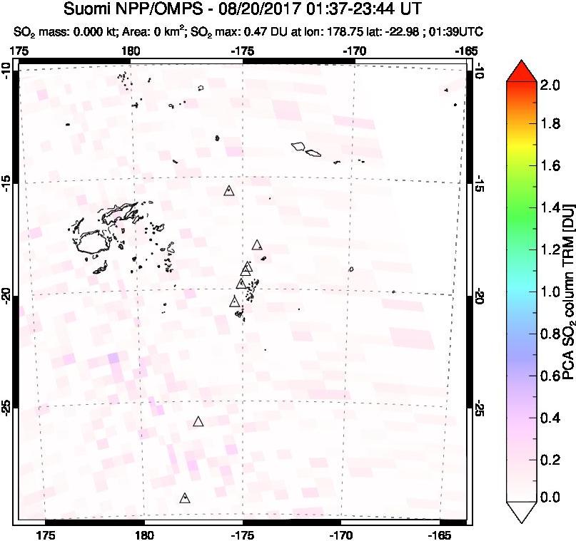 A sulfur dioxide image over Tonga, South Pacific on Aug 20, 2017.
