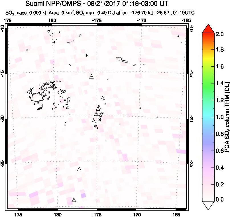 A sulfur dioxide image over Tonga, South Pacific on Aug 21, 2017.