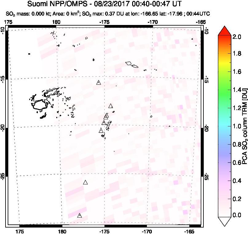 A sulfur dioxide image over Tonga, South Pacific on Aug 23, 2017.