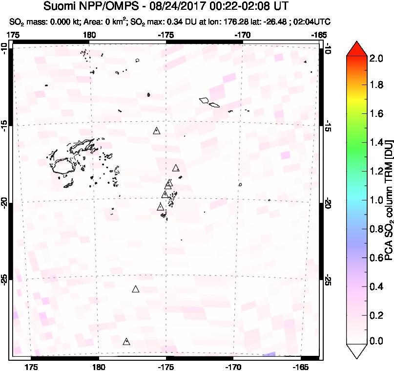 A sulfur dioxide image over Tonga, South Pacific on Aug 24, 2017.