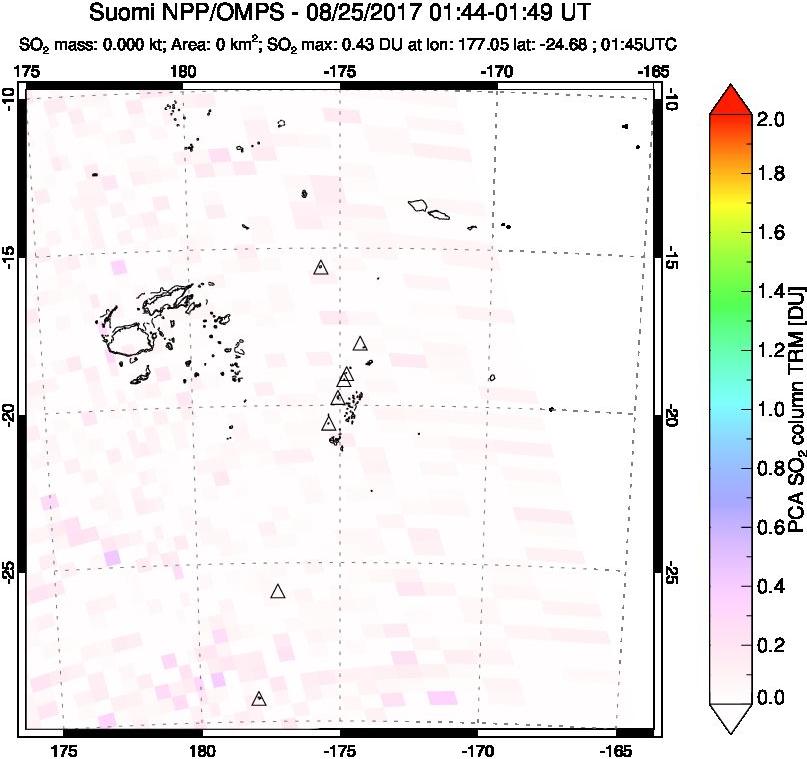 A sulfur dioxide image over Tonga, South Pacific on Aug 25, 2017.