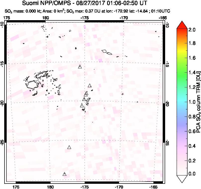 A sulfur dioxide image over Tonga, South Pacific on Aug 27, 2017.