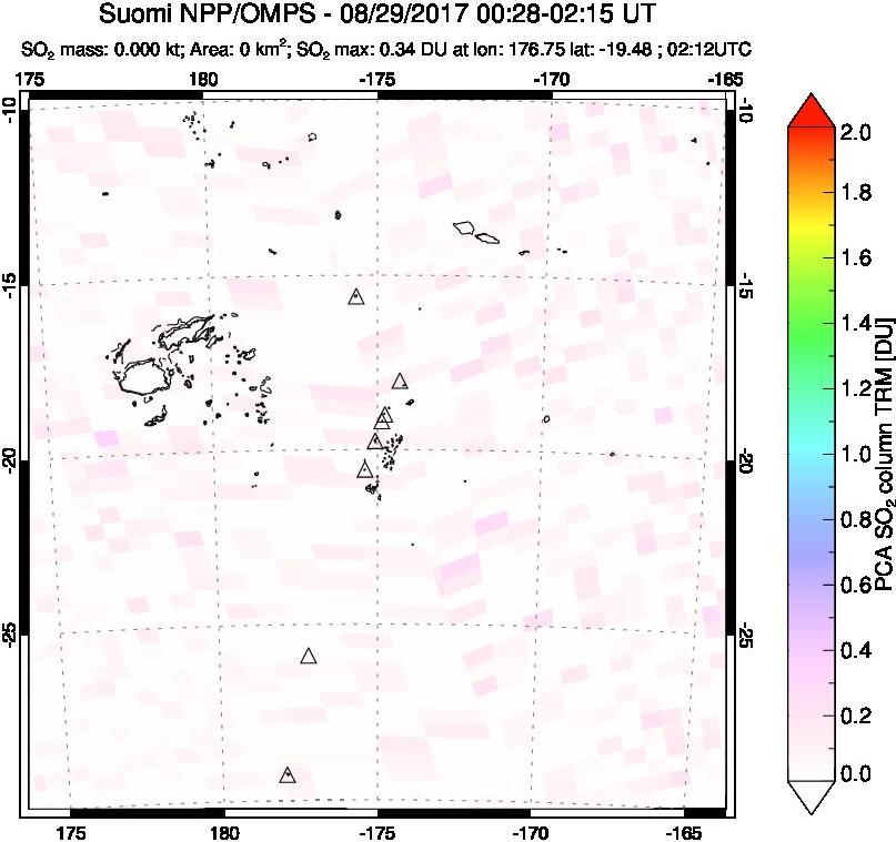 A sulfur dioxide image over Tonga, South Pacific on Aug 29, 2017.