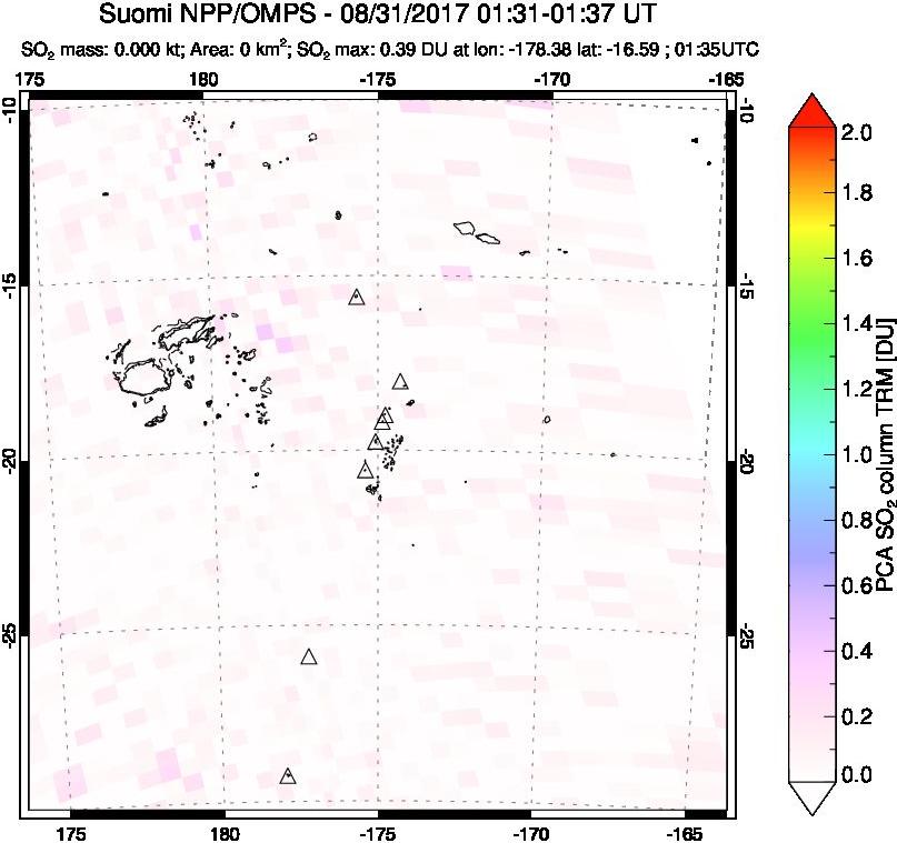 A sulfur dioxide image over Tonga, South Pacific on Aug 31, 2017.