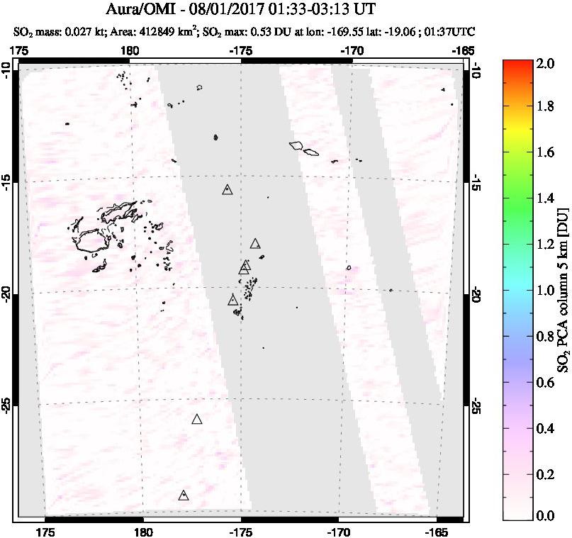 A sulfur dioxide image over Tonga, South Pacific on Aug 01, 2017.