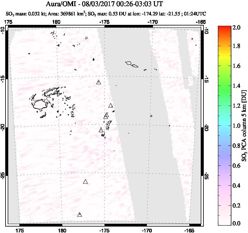 A sulfur dioxide image over Tonga, South Pacific on Aug 03, 2017.