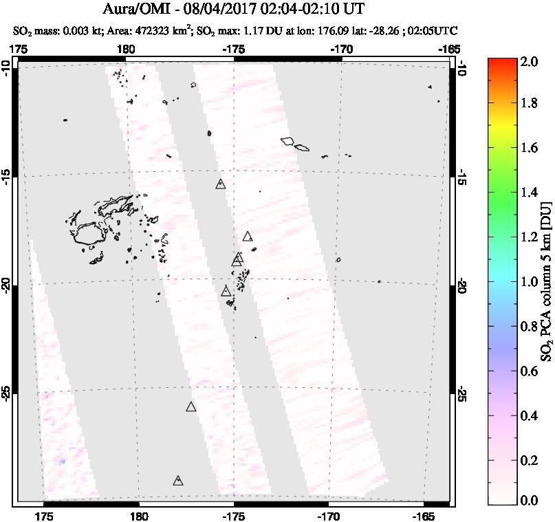 A sulfur dioxide image over Tonga, South Pacific on Aug 04, 2017.