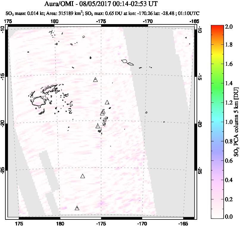 A sulfur dioxide image over Tonga, South Pacific on Aug 05, 2017.