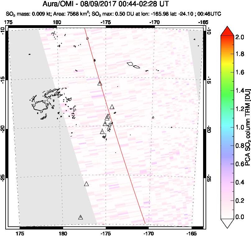 A sulfur dioxide image over Tonga, South Pacific on Aug 09, 2017.