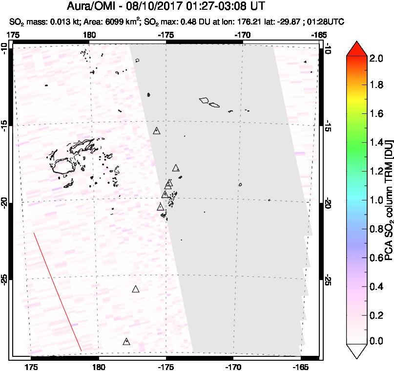 A sulfur dioxide image over Tonga, South Pacific on Aug 10, 2017.