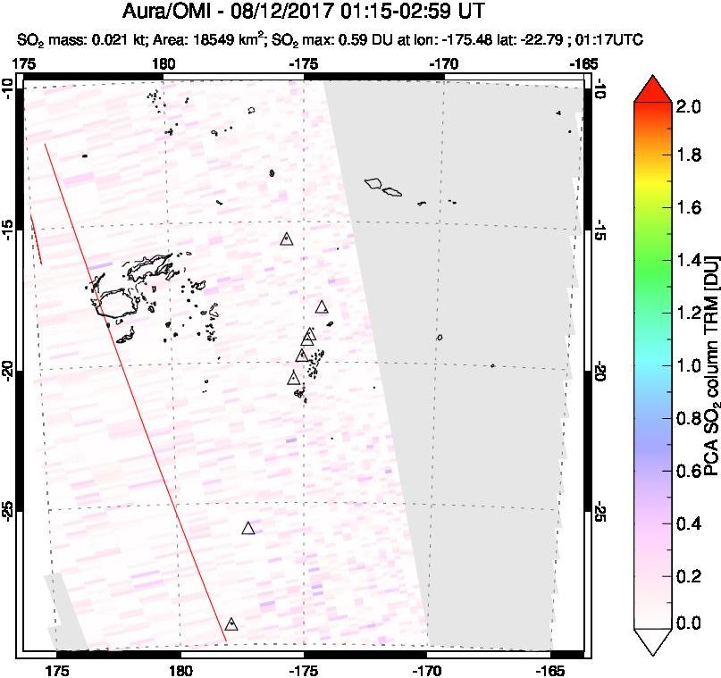 A sulfur dioxide image over Tonga, South Pacific on Aug 12, 2017.