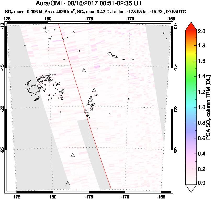 A sulfur dioxide image over Tonga, South Pacific on Aug 16, 2017.