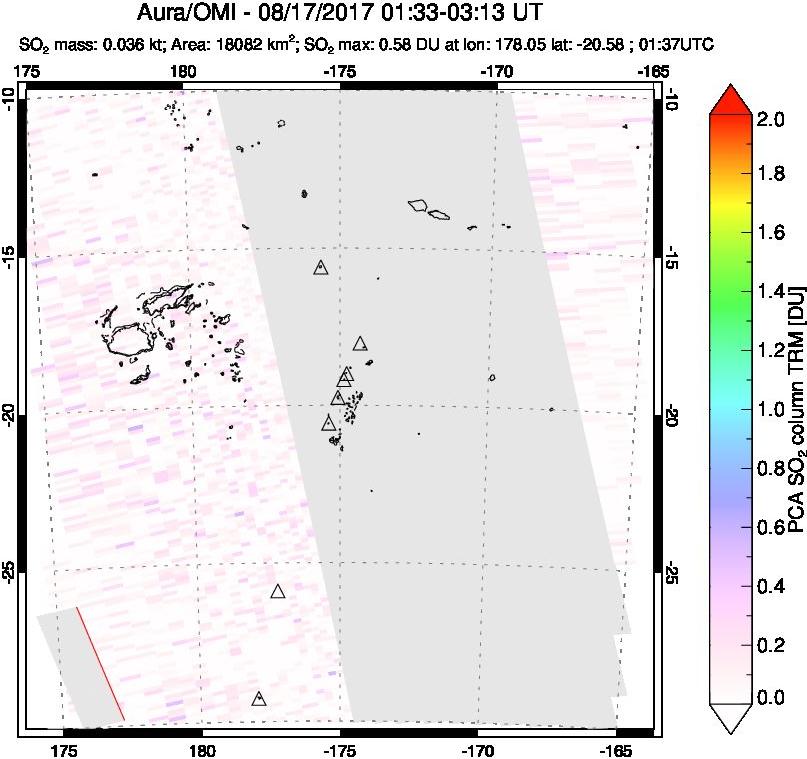 A sulfur dioxide image over Tonga, South Pacific on Aug 17, 2017.