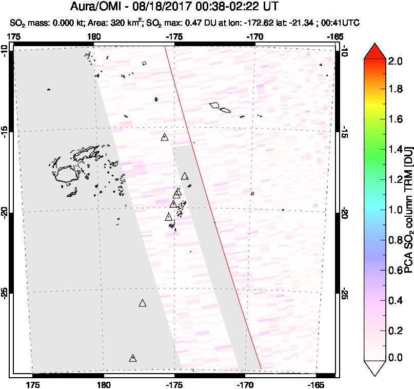 A sulfur dioxide image over Tonga, South Pacific on Aug 18, 2017.