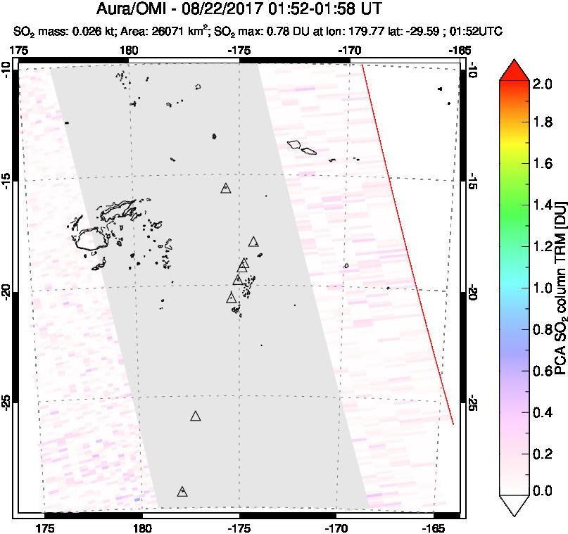A sulfur dioxide image over Tonga, South Pacific on Aug 22, 2017.