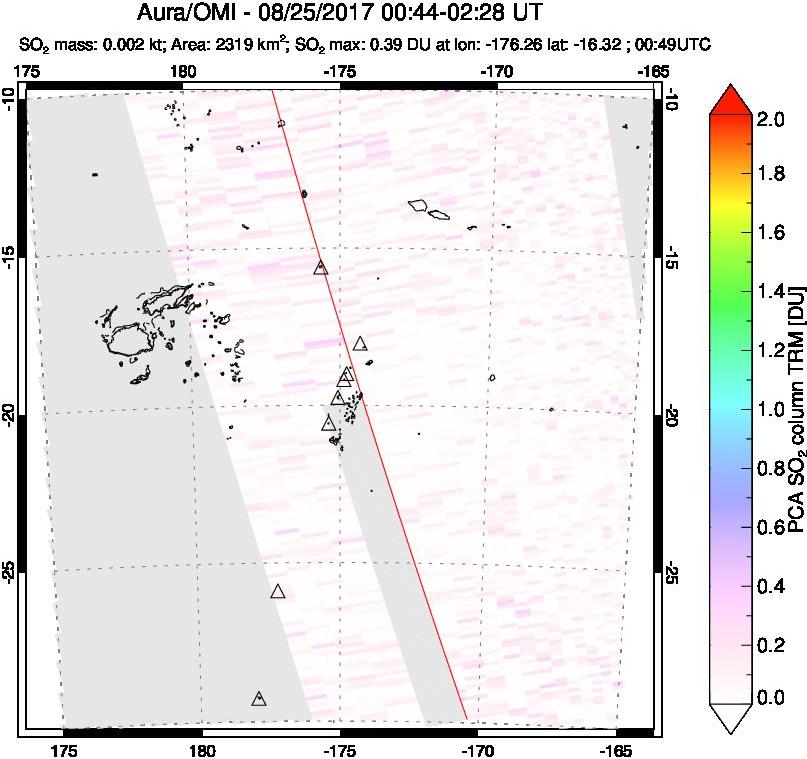A sulfur dioxide image over Tonga, South Pacific on Aug 25, 2017.