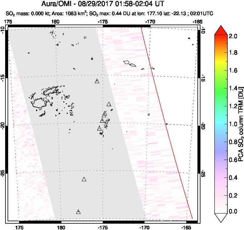 A sulfur dioxide image over Tonga, South Pacific on Aug 29, 2017.