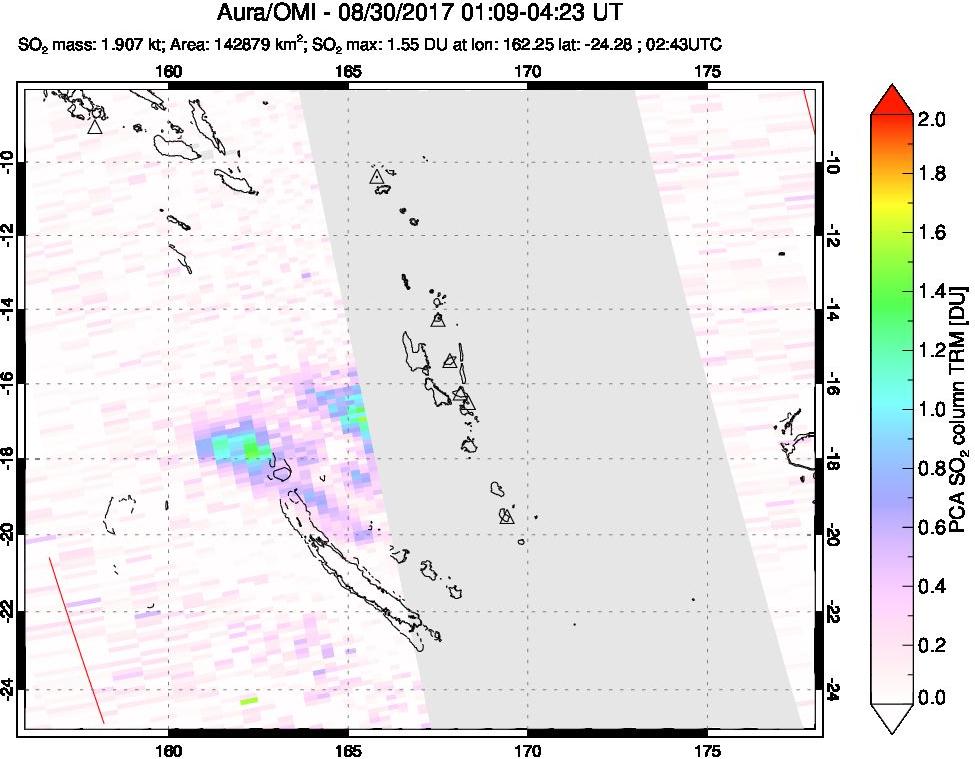 A sulfur dioxide image over Vanuatu, South Pacific on Aug 30, 2017.