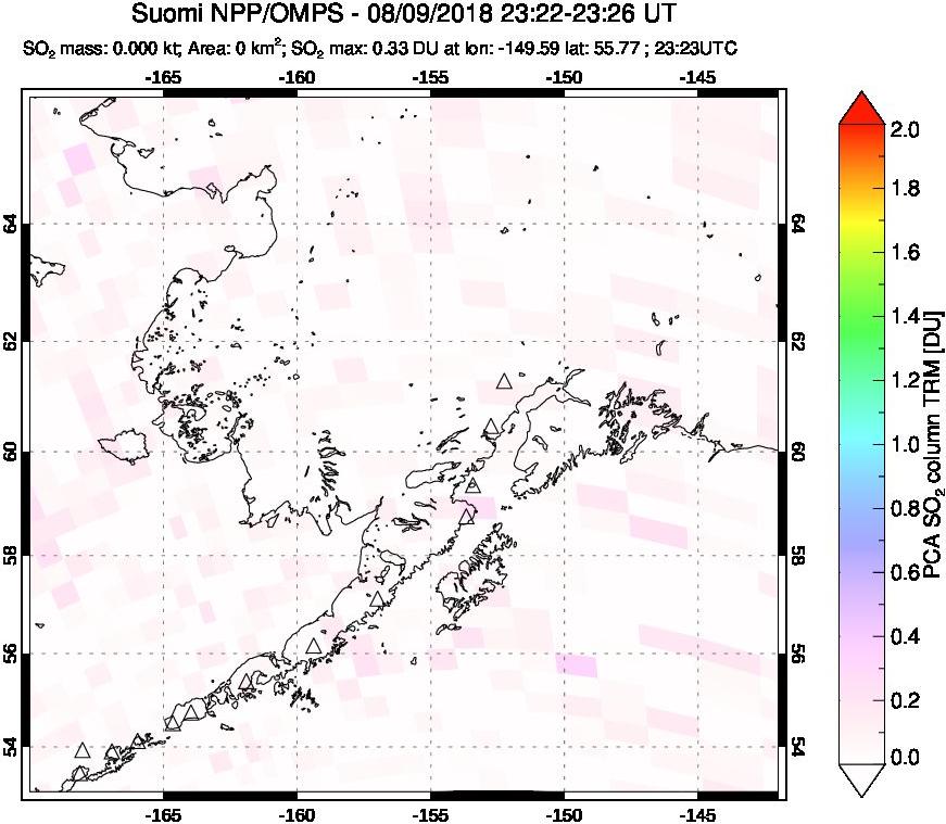 A sulfur dioxide image over Alaska, USA on Aug 09, 2018.