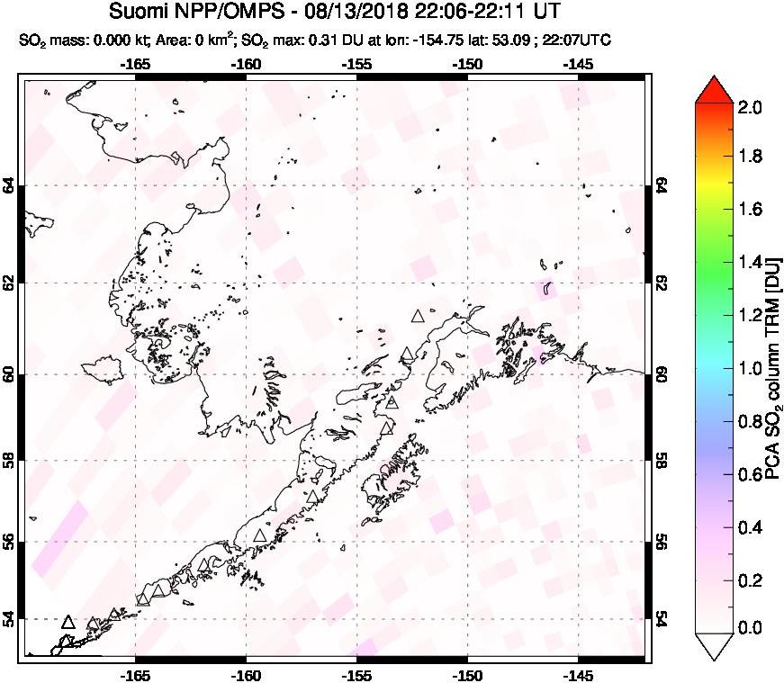 A sulfur dioxide image over Alaska, USA on Aug 13, 2018.
