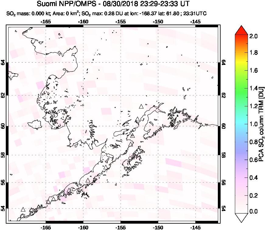 A sulfur dioxide image over Alaska, USA on Aug 30, 2018.