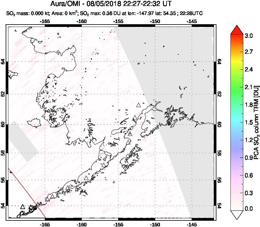 A sulfur dioxide image over Alaska, USA on Aug 05, 2018.