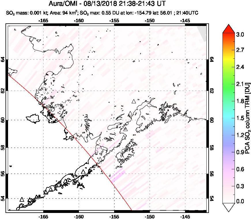 A sulfur dioxide image over Alaska, USA on Aug 13, 2018.