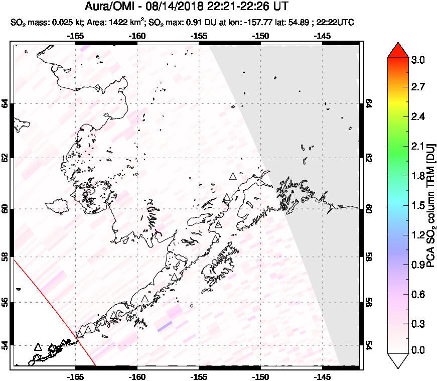 A sulfur dioxide image over Alaska, USA on Aug 14, 2018.