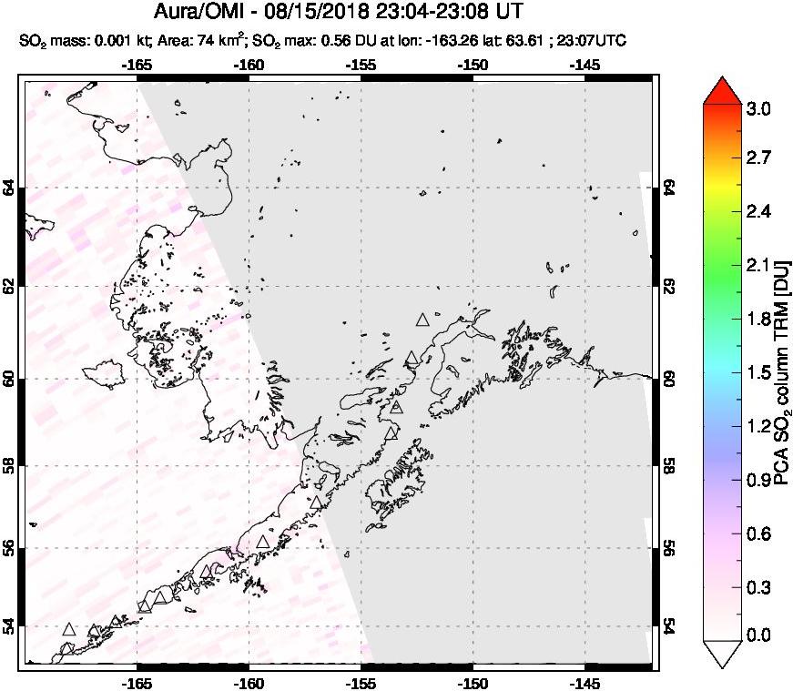 A sulfur dioxide image over Alaska, USA on Aug 15, 2018.