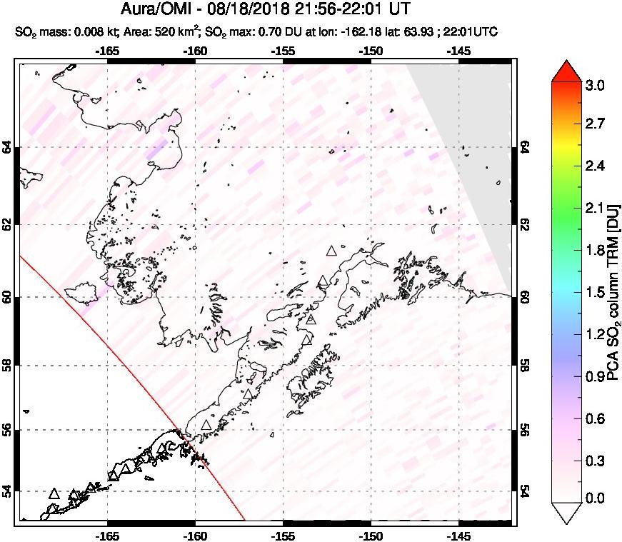 A sulfur dioxide image over Alaska, USA on Aug 18, 2018.