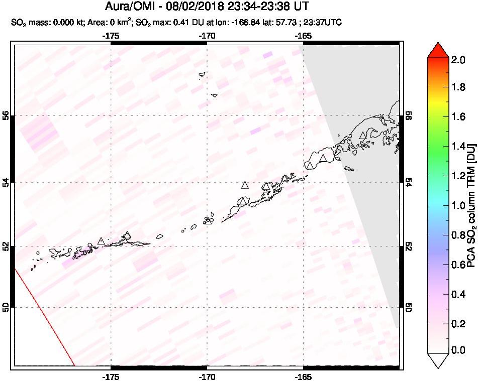 A sulfur dioxide image over Aleutian Islands, Alaska, USA on Aug 02, 2018.