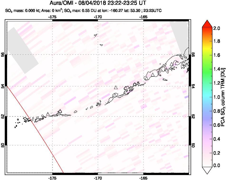 A sulfur dioxide image over Aleutian Islands, Alaska, USA on Aug 04, 2018.