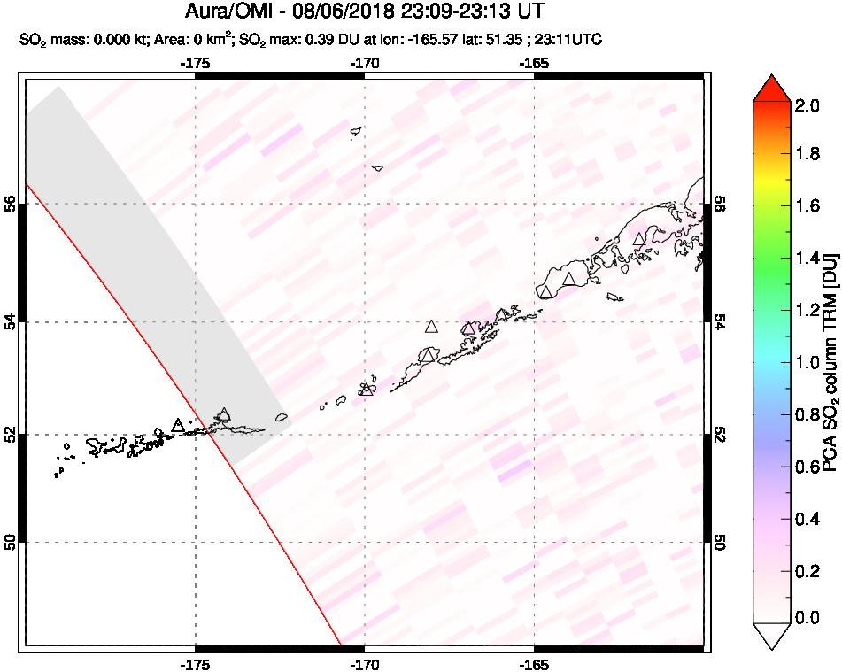 A sulfur dioxide image over Aleutian Islands, Alaska, USA on Aug 06, 2018.