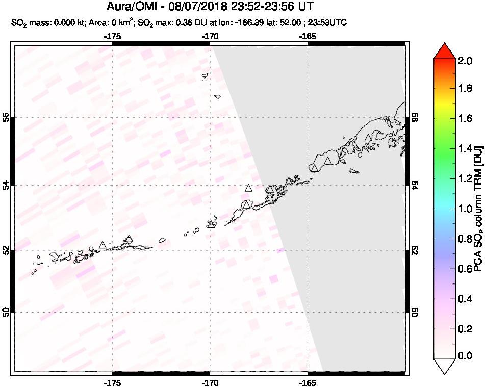 A sulfur dioxide image over Aleutian Islands, Alaska, USA on Aug 07, 2018.