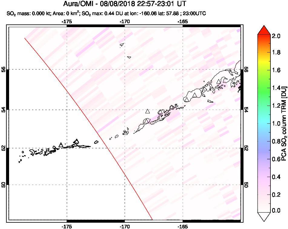 A sulfur dioxide image over Aleutian Islands, Alaska, USA on Aug 08, 2018.