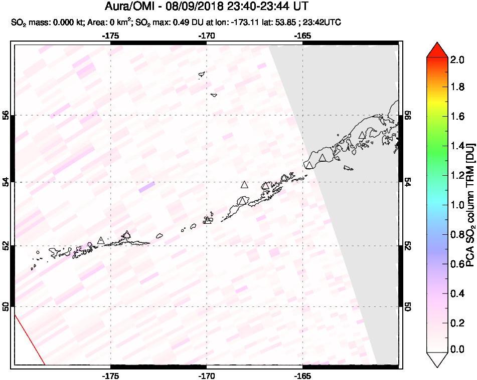A sulfur dioxide image over Aleutian Islands, Alaska, USA on Aug 09, 2018.