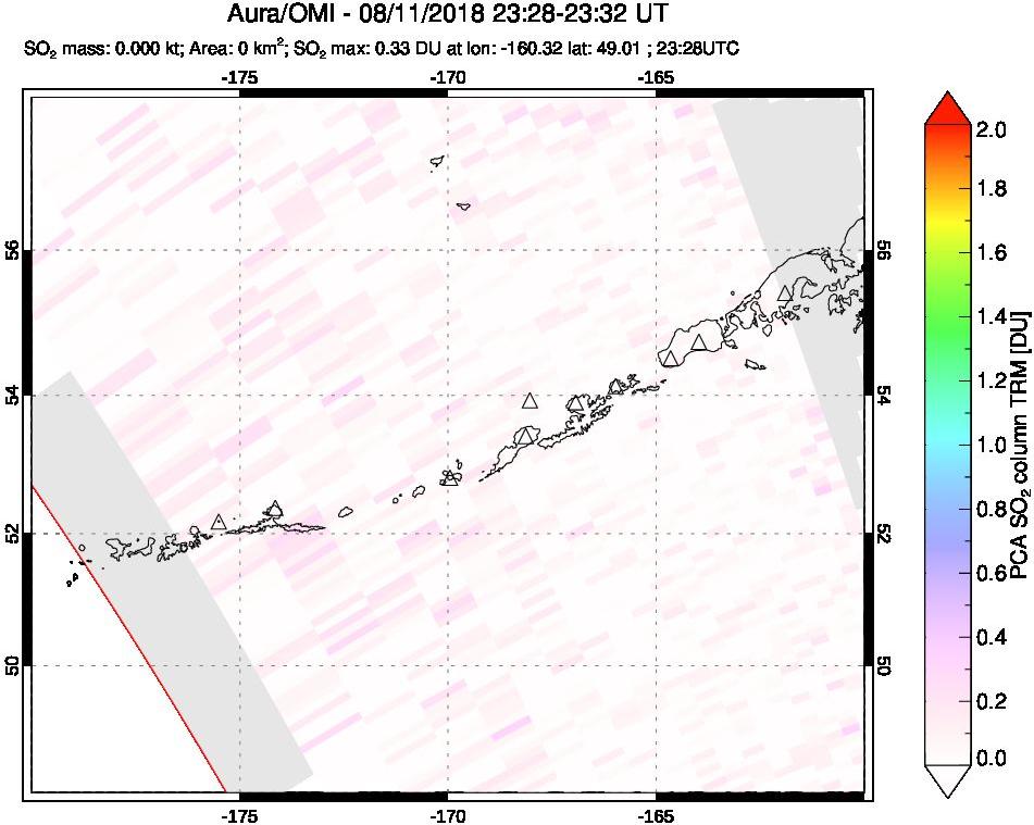 A sulfur dioxide image over Aleutian Islands, Alaska, USA on Aug 11, 2018.