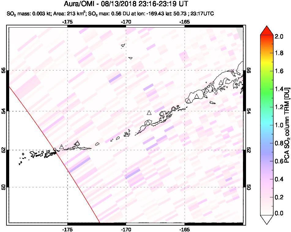 A sulfur dioxide image over Aleutian Islands, Alaska, USA on Aug 13, 2018.