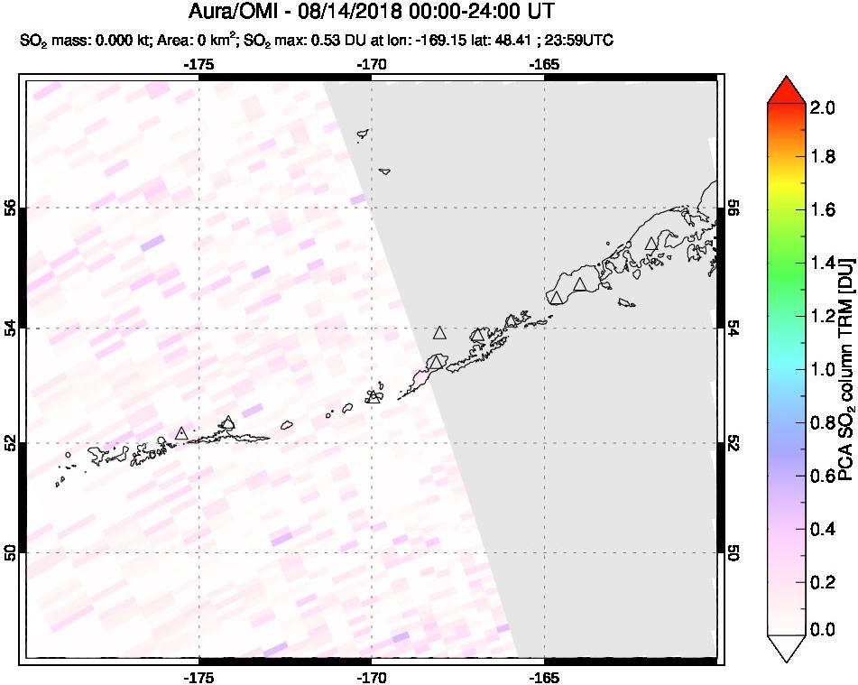 A sulfur dioxide image over Aleutian Islands, Alaska, USA on Aug 14, 2018.