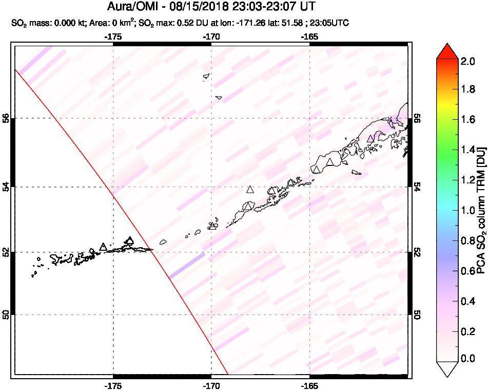 A sulfur dioxide image over Aleutian Islands, Alaska, USA on Aug 15, 2018.